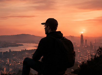 A creator looking out over a city at sunset
